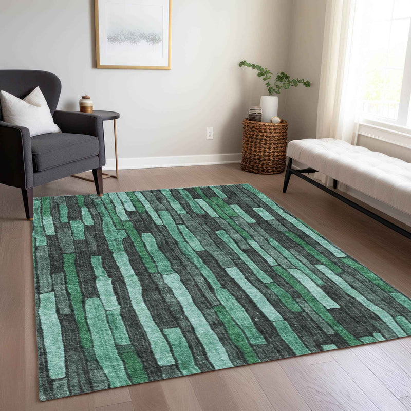 10' X 14' Sage Teal Blue And Emerald Striped Washable Indoor Outdoor Area Rug
