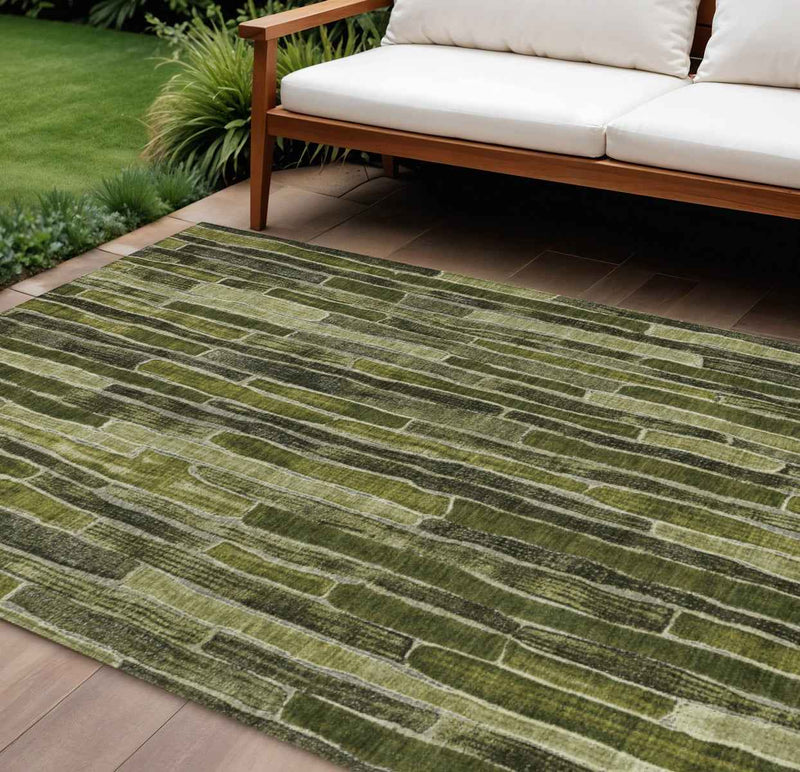 10' X 14' Olive Green And Dark Olive Green Striped Washable Indoor Outdoor Area Rug
