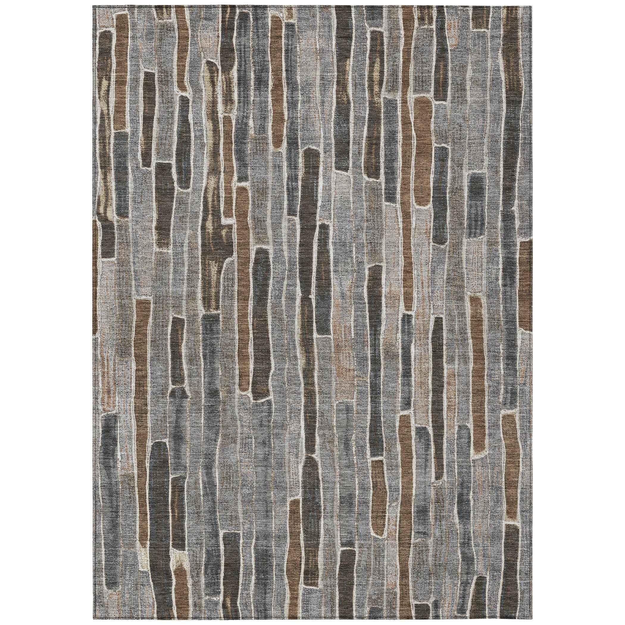 3' X 5' Pewter And Brown Striped Washable Indoor Outdoor Area Rug