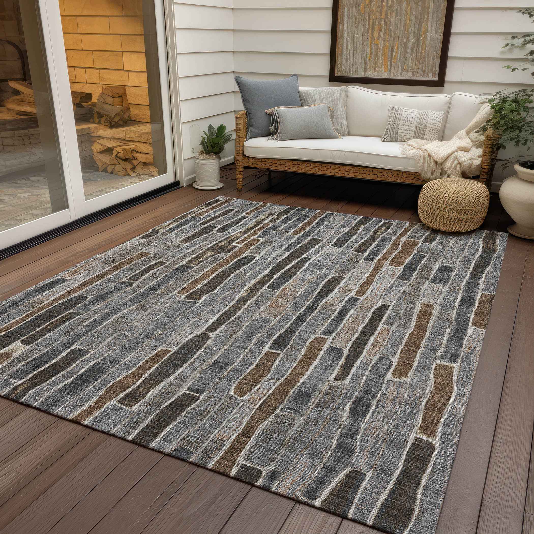 3' X 5' Pewter And Brown Striped Washable Indoor Outdoor Area Rug