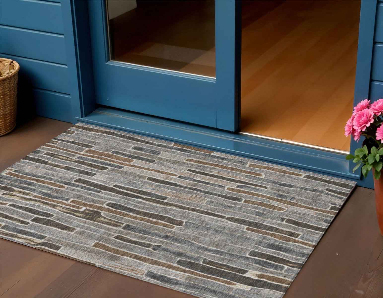 3' X 5' Pewter And Brown Striped Washable Indoor Outdoor Area Rug