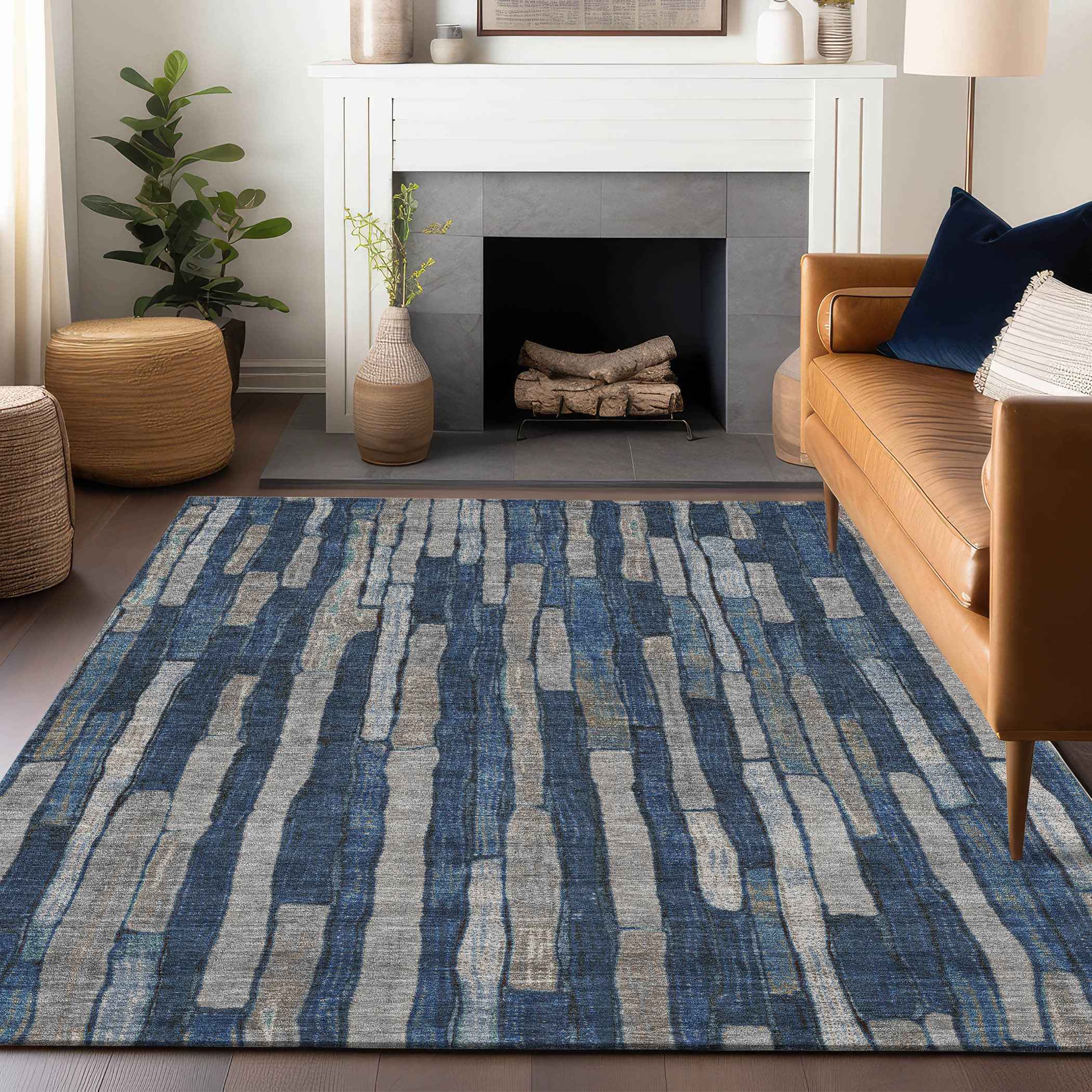 9' X 12' Navy Blue And Denim Blue Striped Washable Indoor Outdoor Area Rug