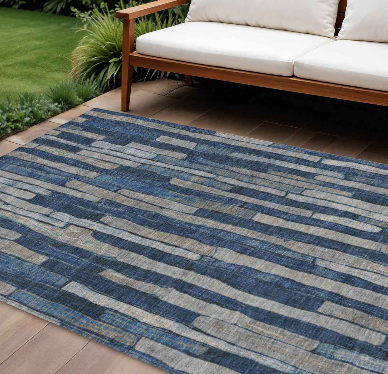 9' X 12' Navy Blue And Denim Blue Striped Washable Indoor Outdoor Area Rug