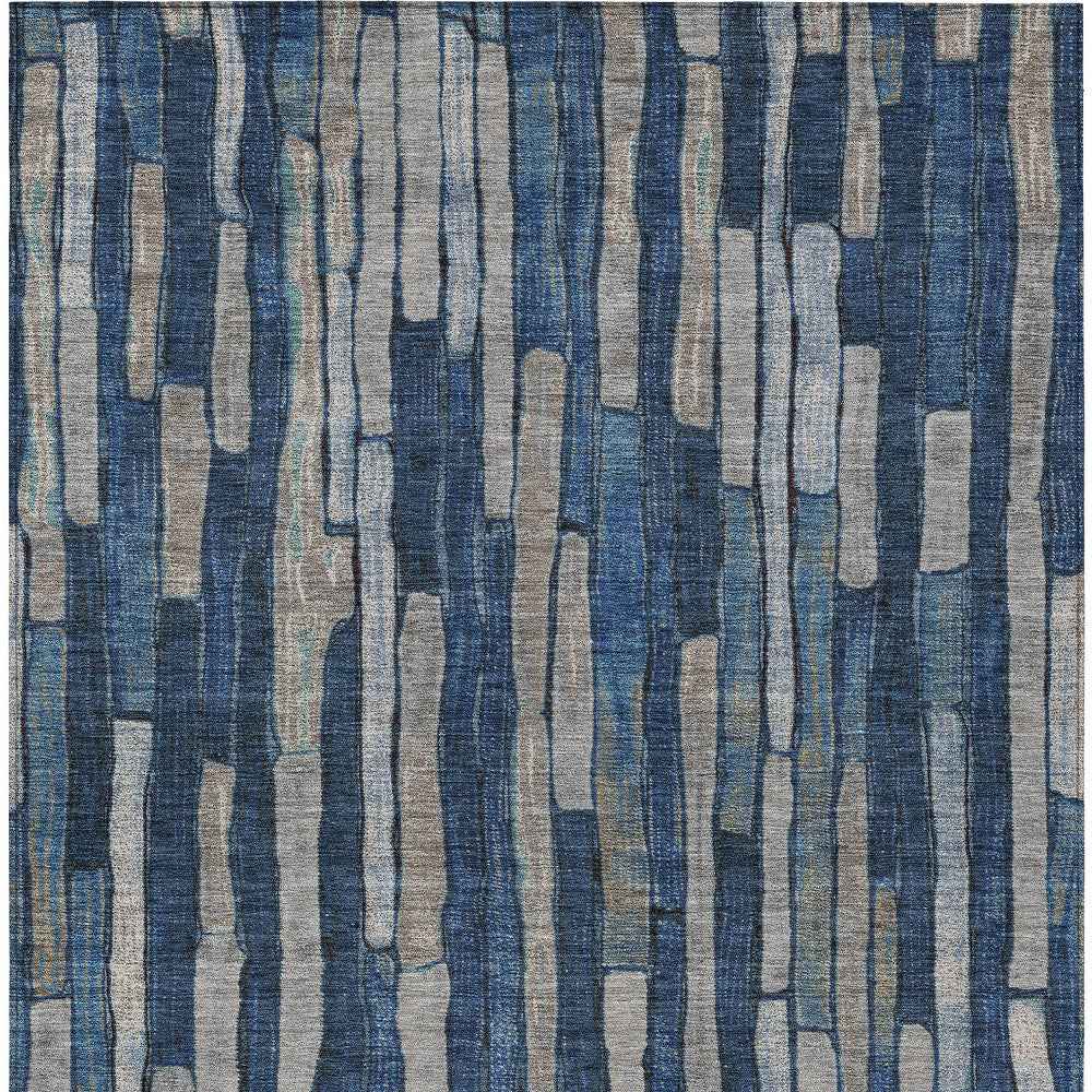 9' X 12' Navy Blue And Denim Blue Striped Washable Indoor Outdoor Area Rug