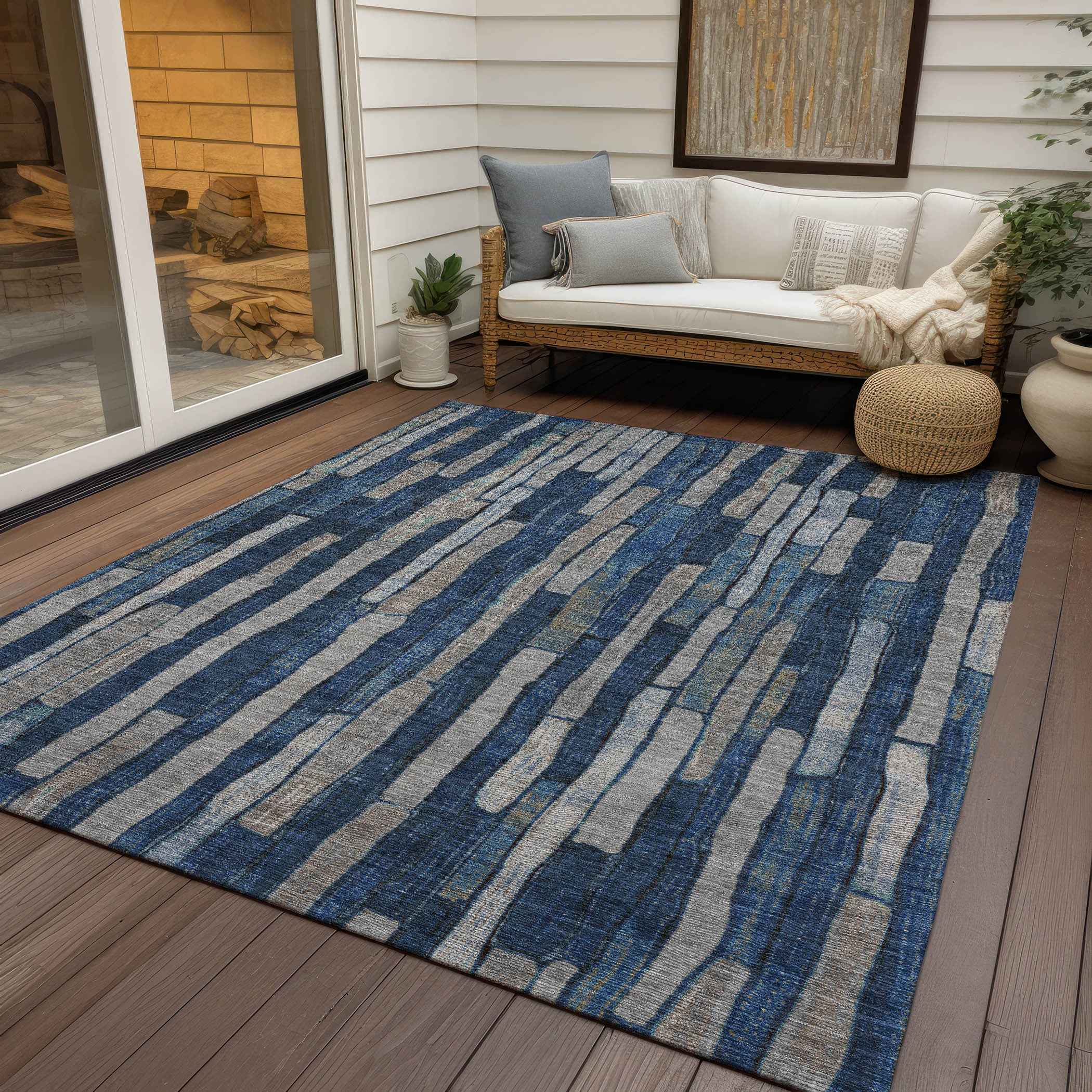 9' X 12' Navy Blue And Denim Blue Striped Washable Indoor Outdoor Area Rug
