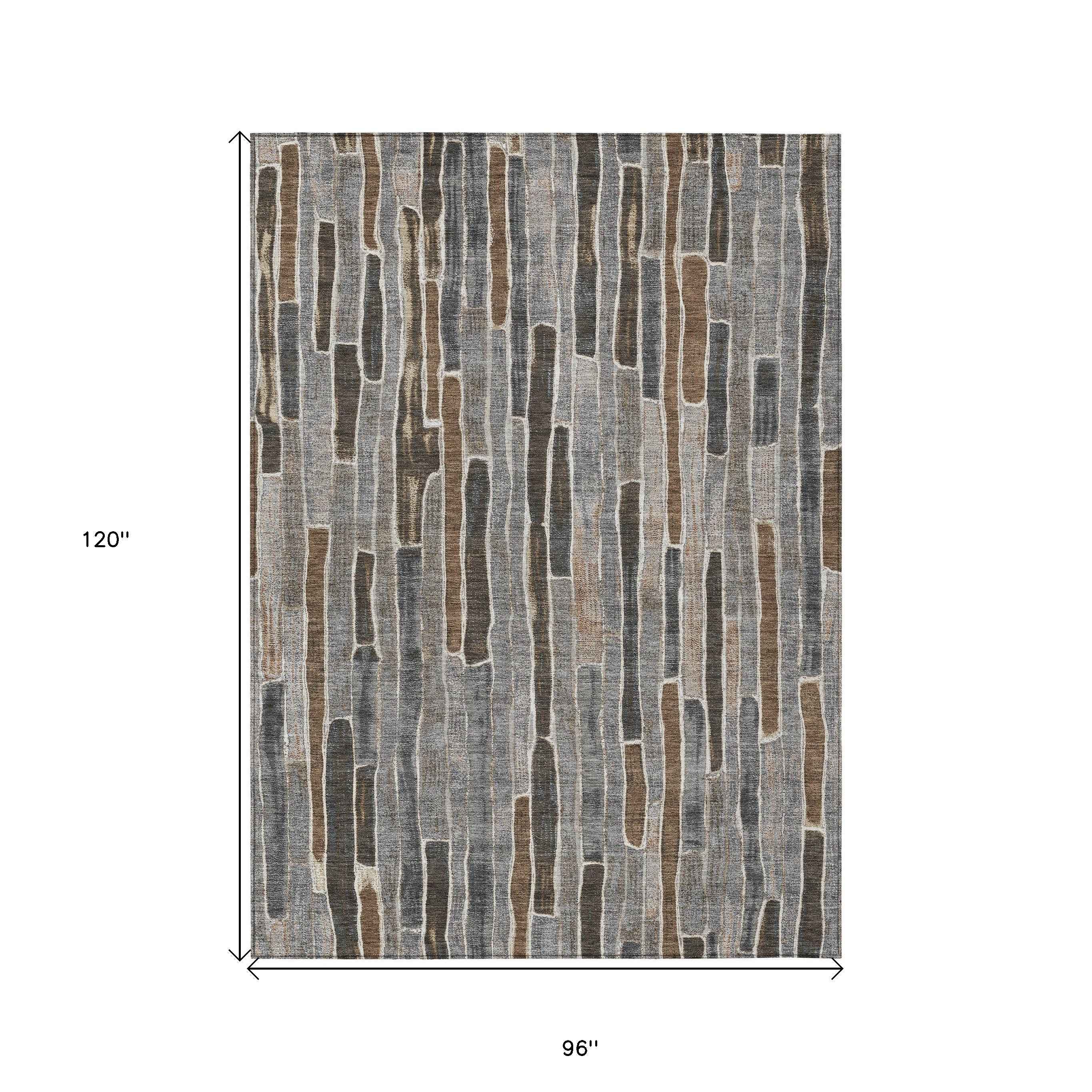 8' X 10' Pewter And Brown Striped Washable Indoor Outdoor Area Rug