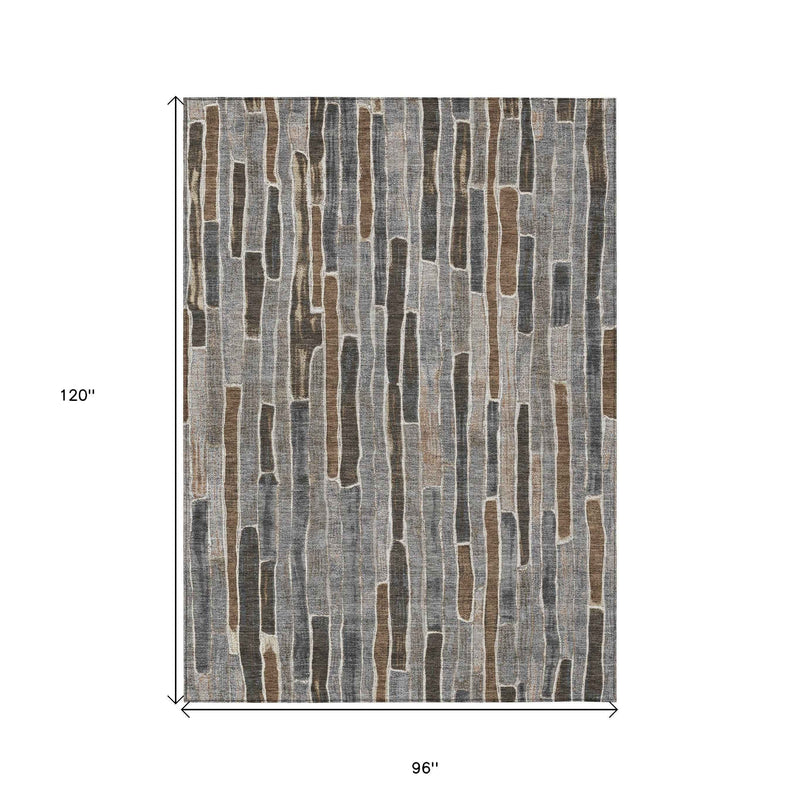 8' X 10' Pewter And Brown Striped Washable Indoor Outdoor Area Rug