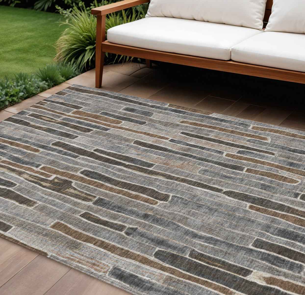 8' X 10' Pewter And Brown Striped Washable Indoor Outdoor Area Rug