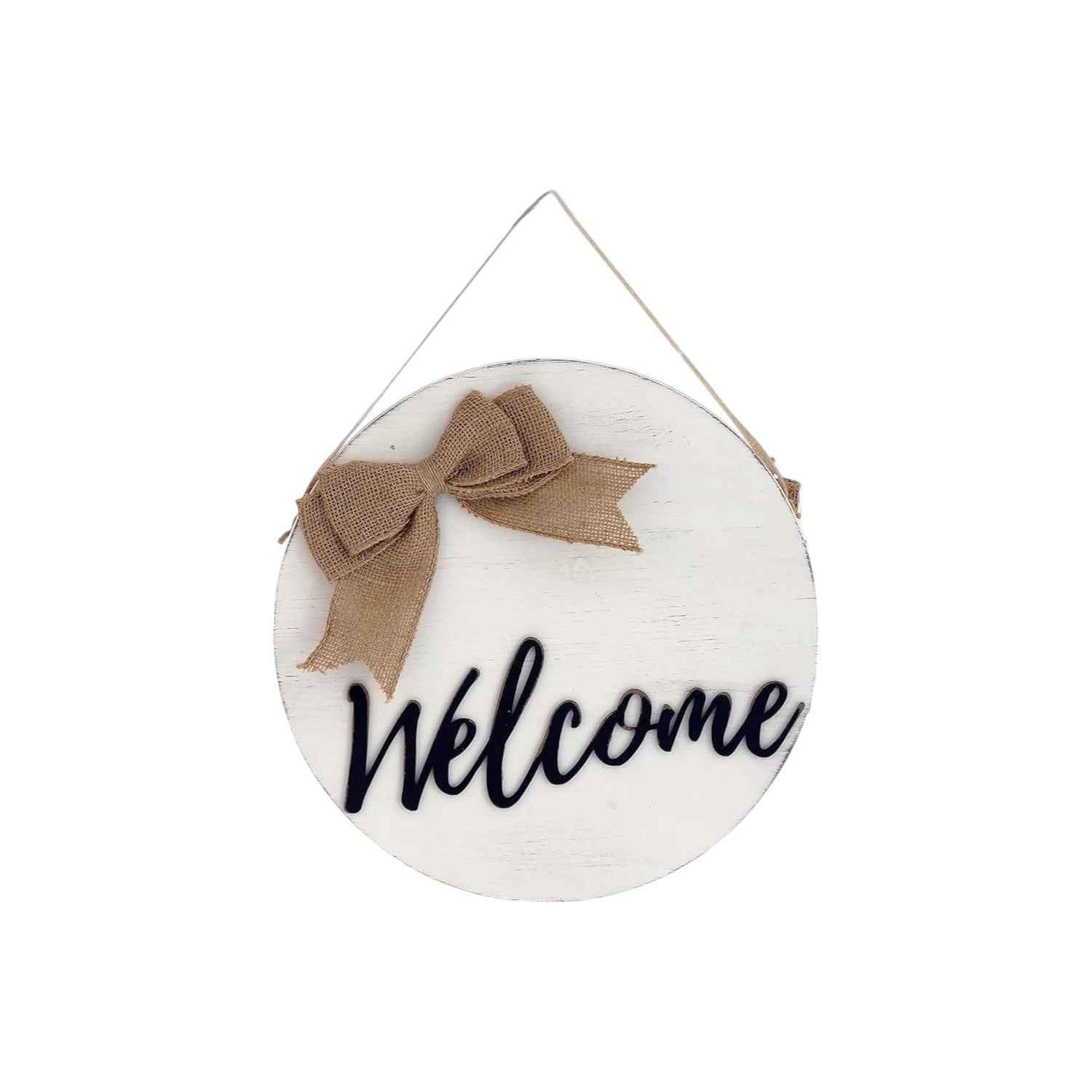 14" White Solid Wood Welcome And Hello Bow Reversible Hanging Wall Or Door Decor