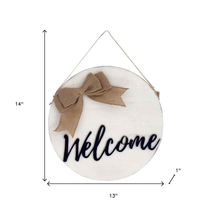 14" White Solid Wood Welcome And Hello Bow Reversible Hanging Wall Or Door Decor