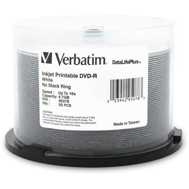 Verbatim DVD-R 4.7GB 16X DataLifePlus White Inkjet Printable - 50pk Spindle