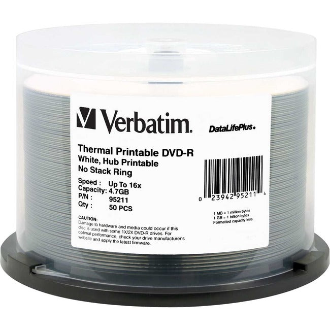Verbatim DVD-R 4.7GB 16X DataLifePlus White Thermal Printable, Hub Printable - 50pk Spindle - Computers & Electronics