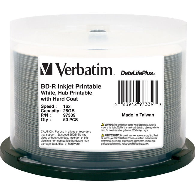 BD-R 25GB 16X DataLifePlus White Inkjet Printable, Hub Printable - 50pk Spindle - GreatEagleInc