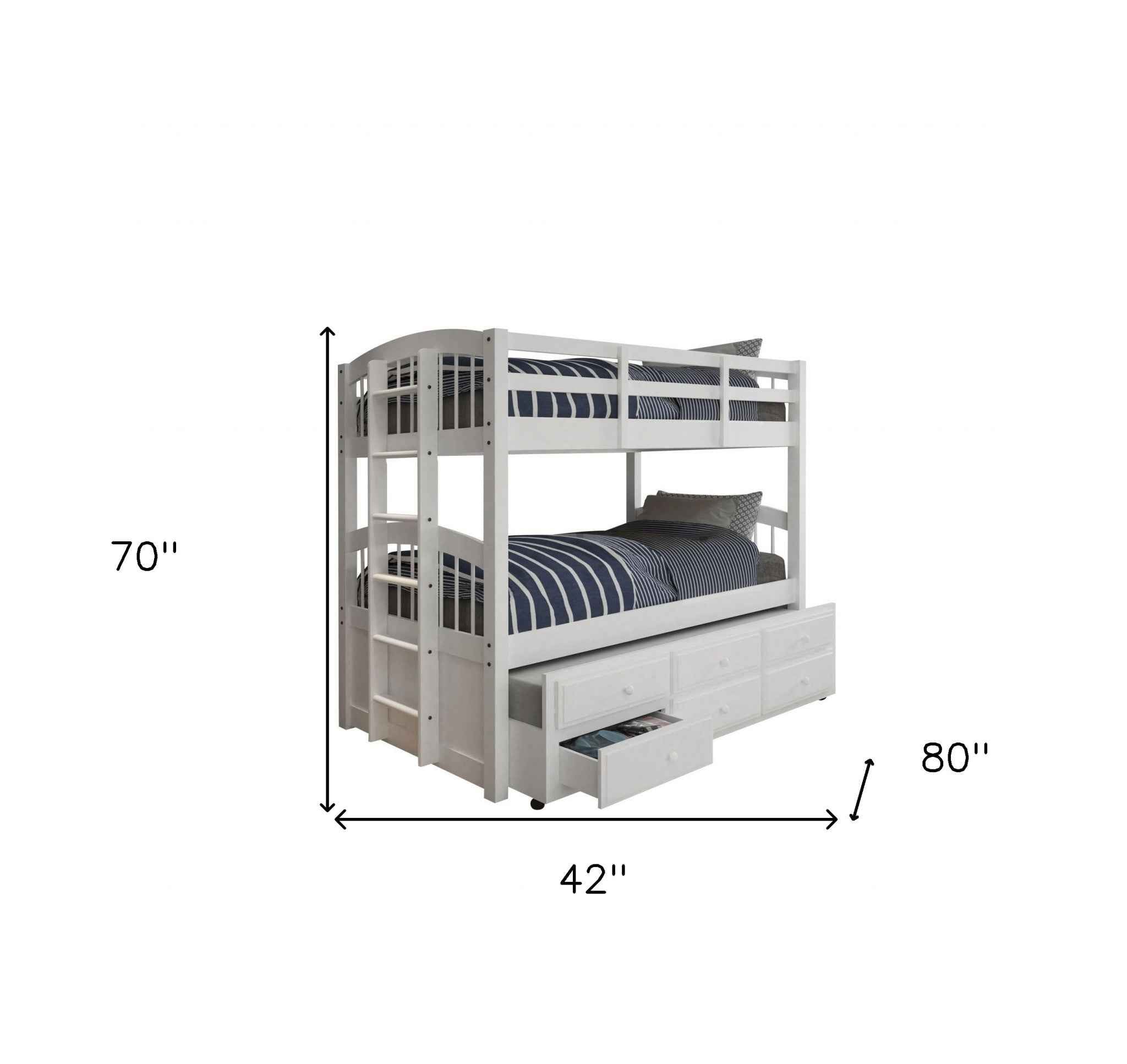 White Twin Solid Wood Bunk Bed With Trundle And Storage