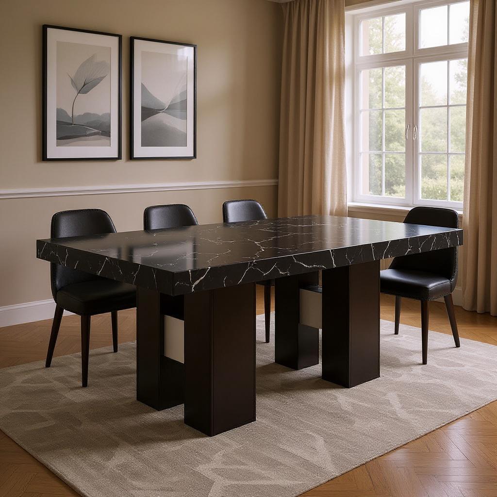 70" Black Faux Marble and Wood Double Pedestal Base Dining Table - Kitchen & Dining
