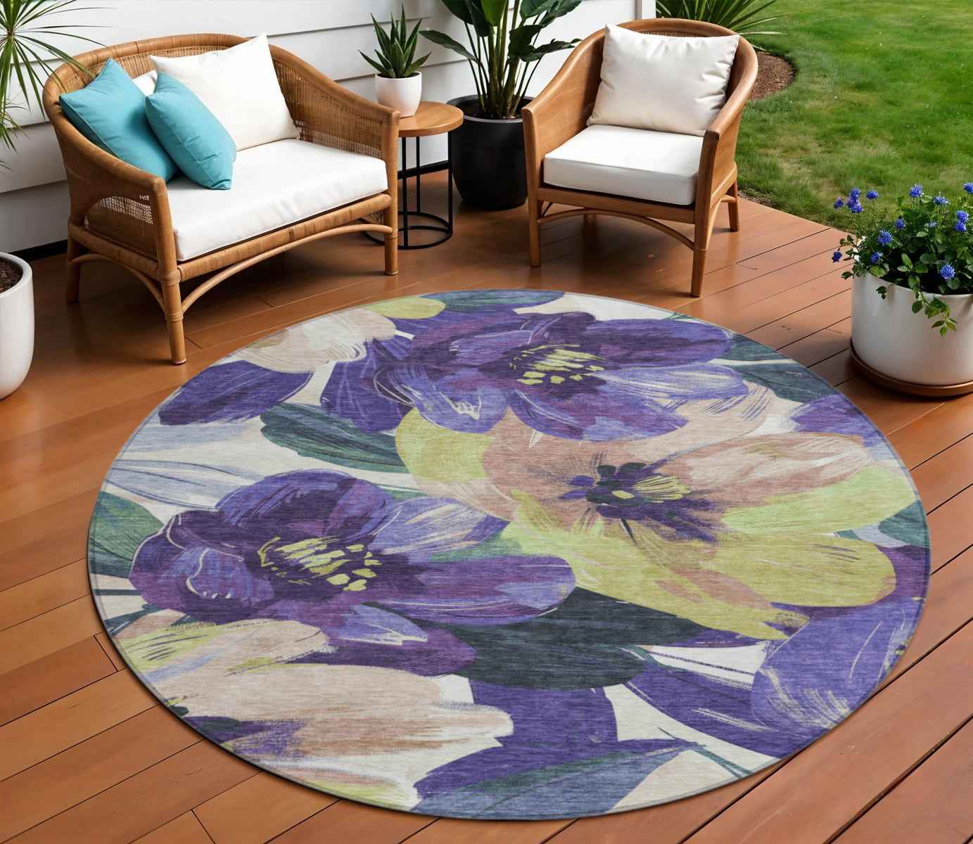 8' Purple And Lavender Round Floral Washable Indoor Outdoor Area Rug