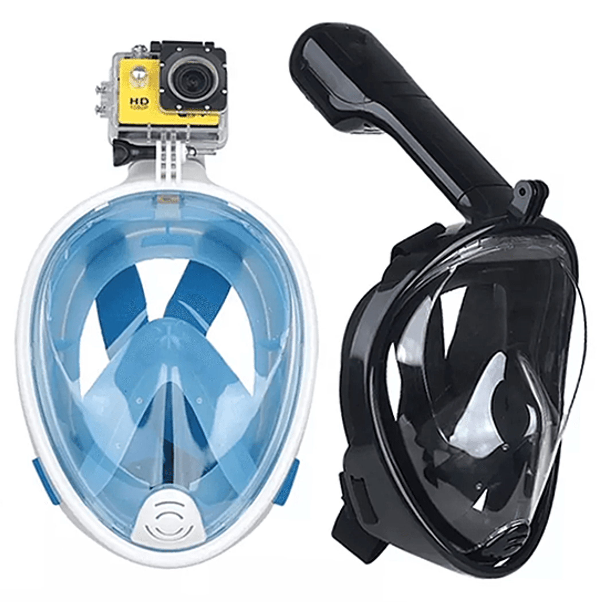 Full-face snorkel mask with clear blue lens and attached action camera, black snorkel