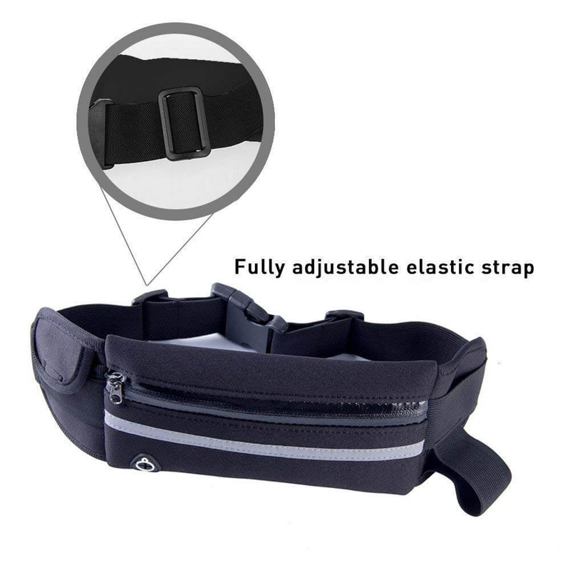 Navy water-resistant running waist belt with zip pocket and adjustable elastic strap