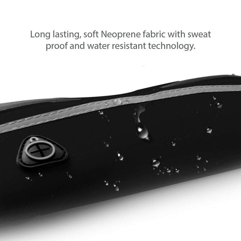 Water-resistant neoprene fanny pack belt in black with zipper and visible water droplets