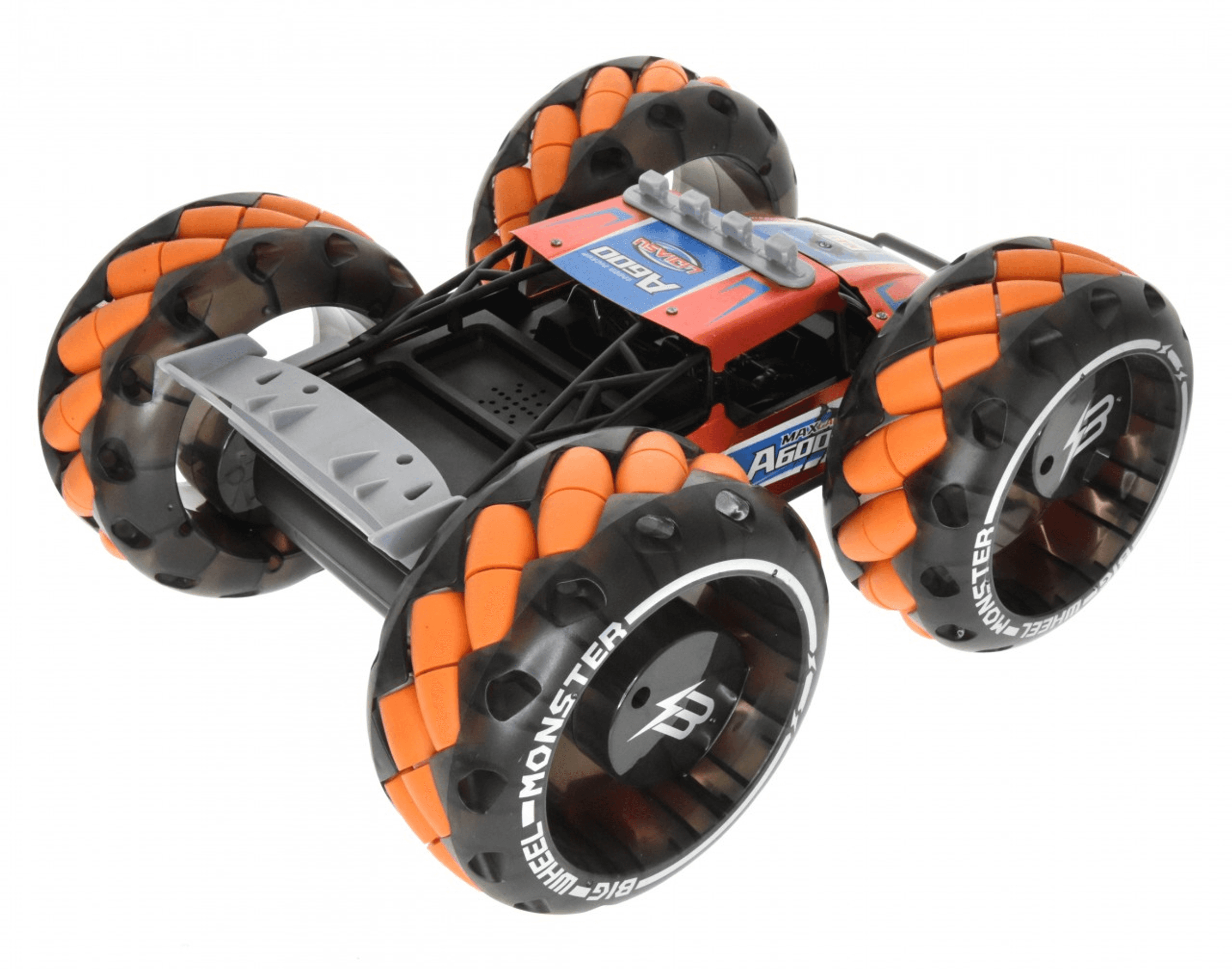 1:10 RC monster truck with orange tread tires and red/blue chassis