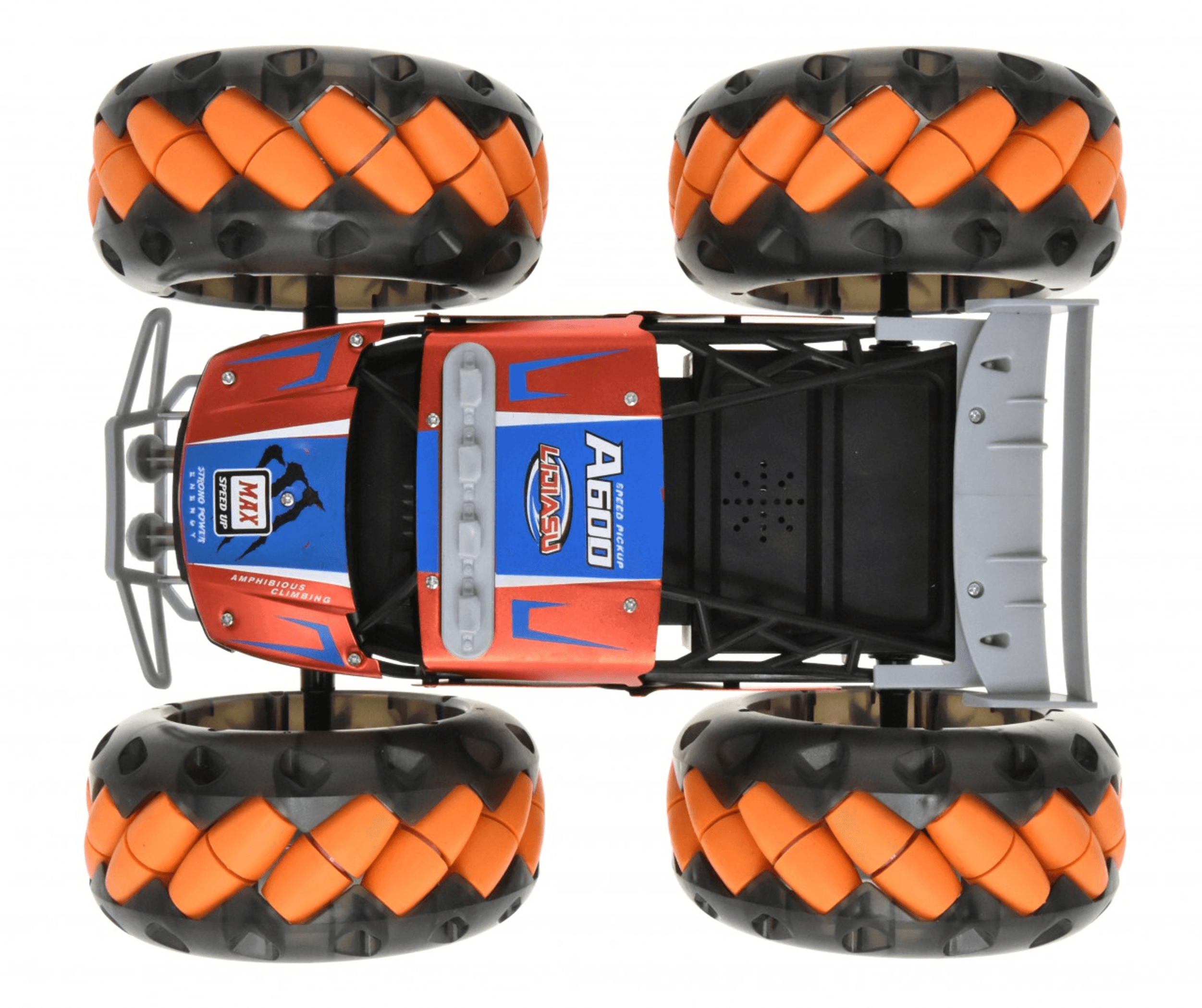 RC monster truck top view with open frame, orange tread tires and red chassis