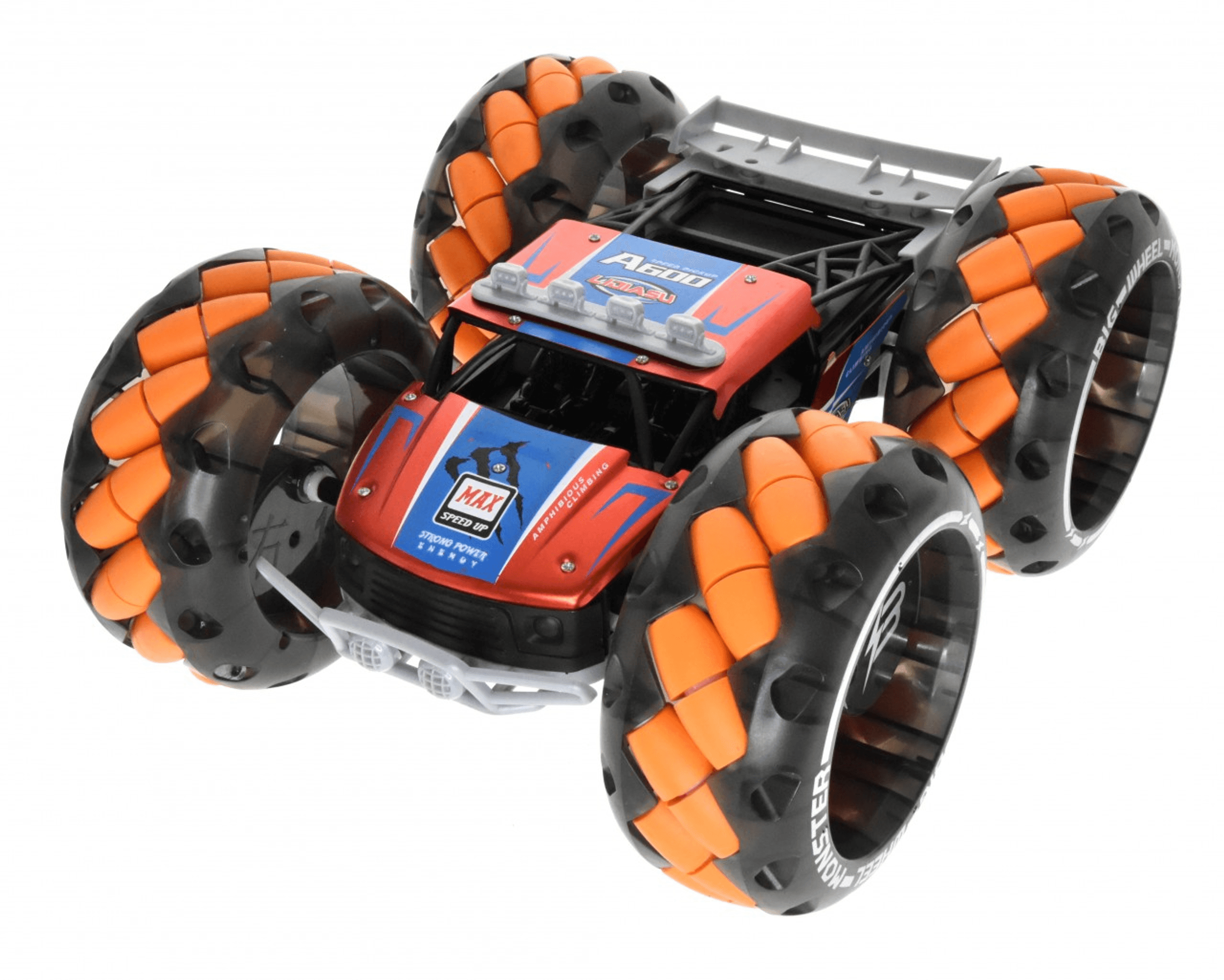 RC monster truck angled side view, orange tread wheels and red/blue body panels