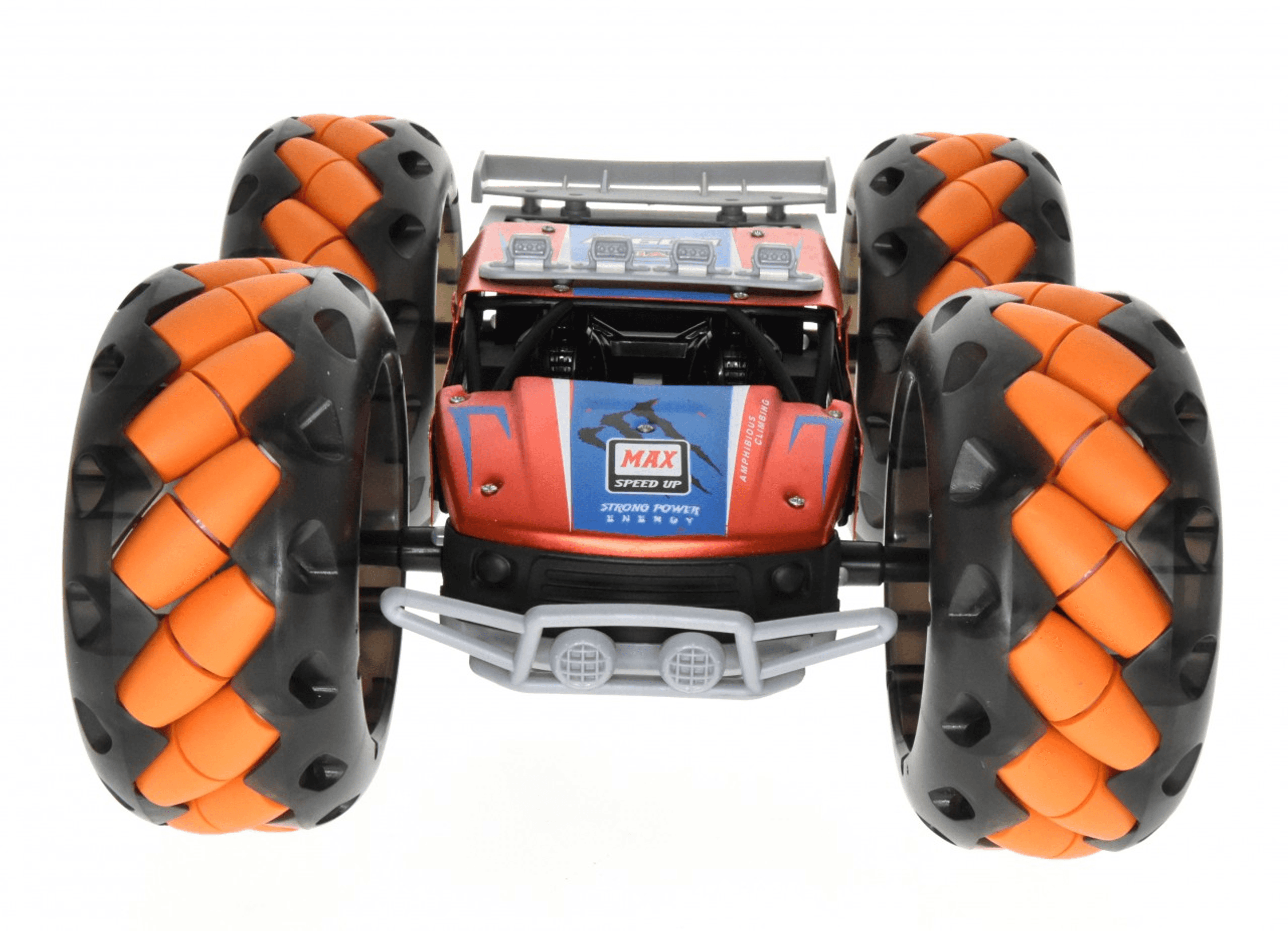 RC monster truck rear view, orange tires, gray bumper, red cab and black frame