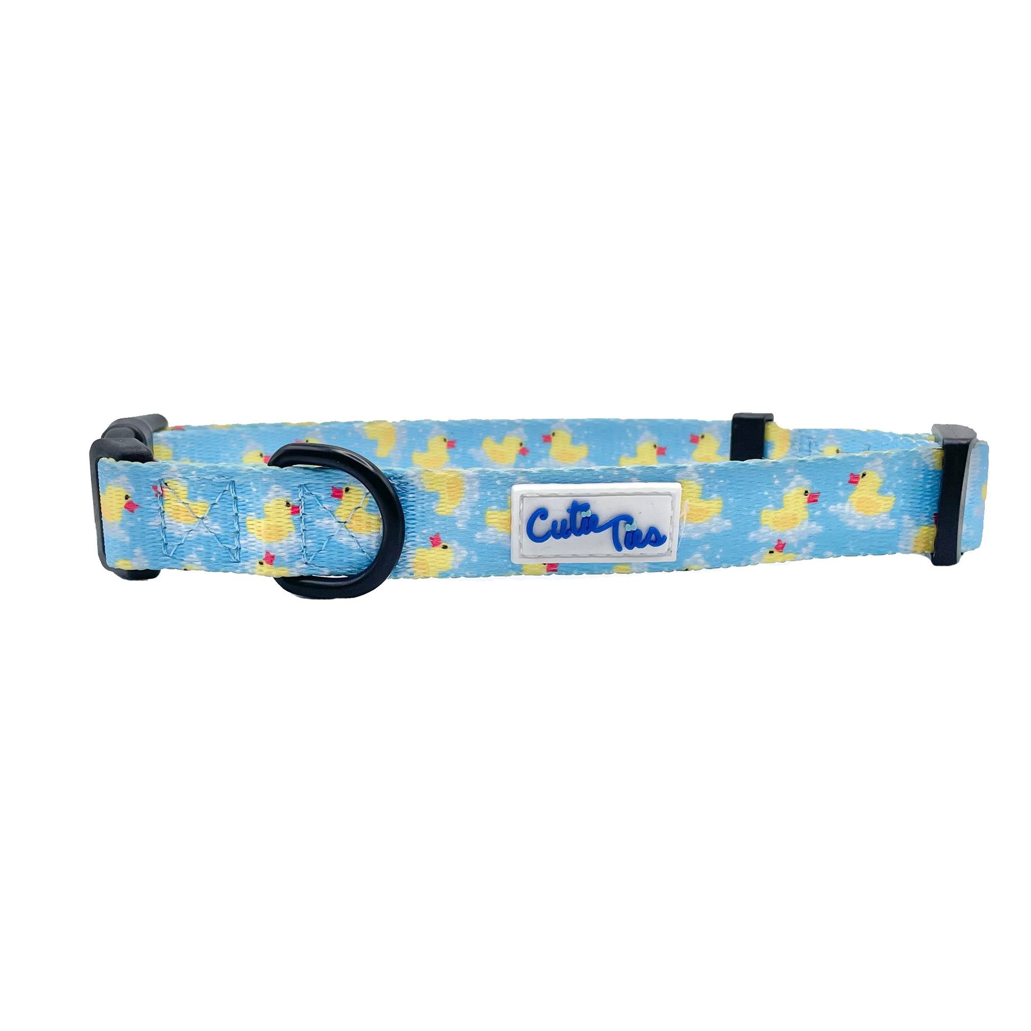 Blue duck print dog collar with black buckle and branded center nameplate