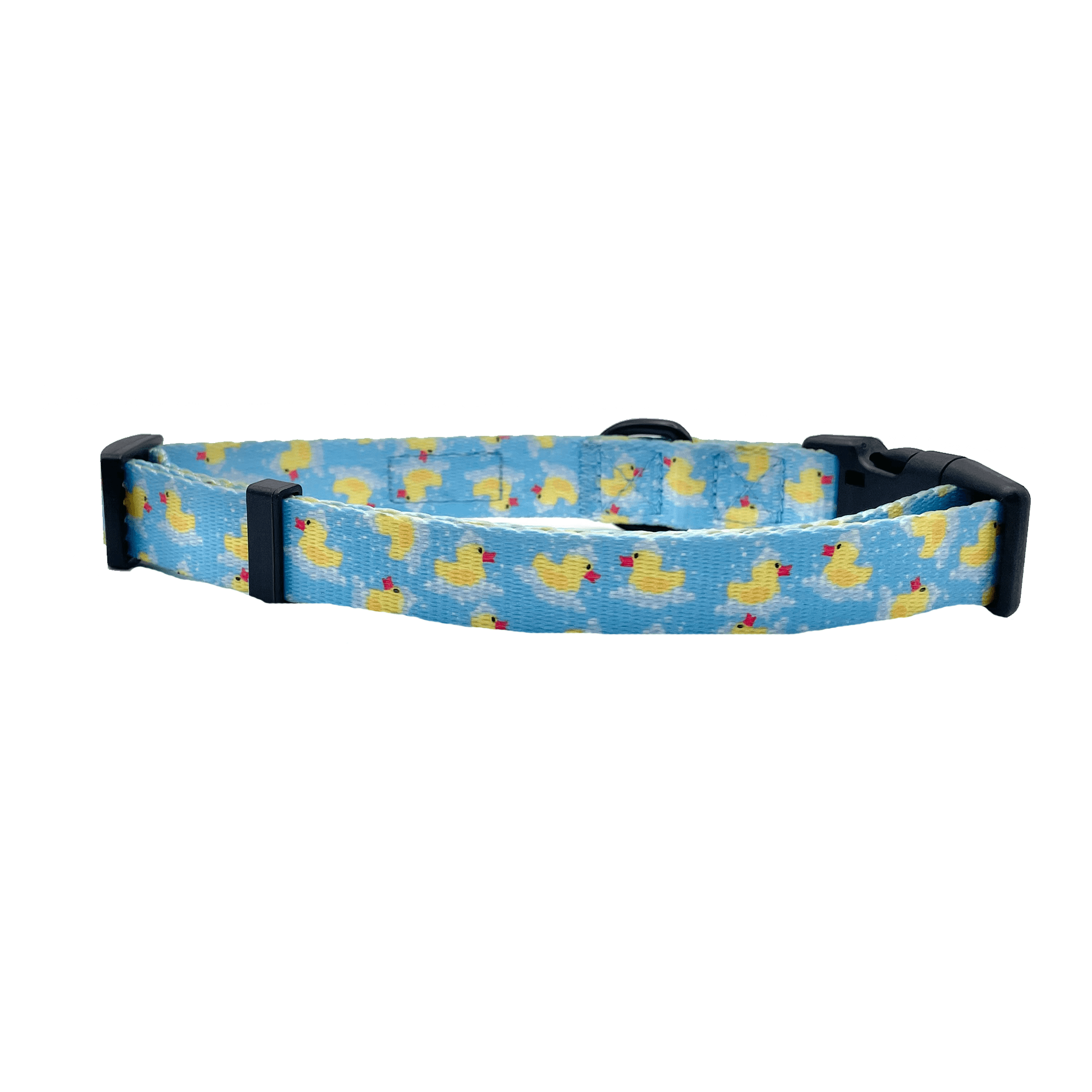 Blue duck-print dog collar laid flat with black buckle and D-ring on top