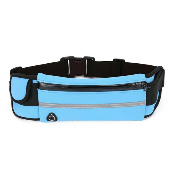 Light blue and black waist pack with adjustable buckle and front zipper pocket