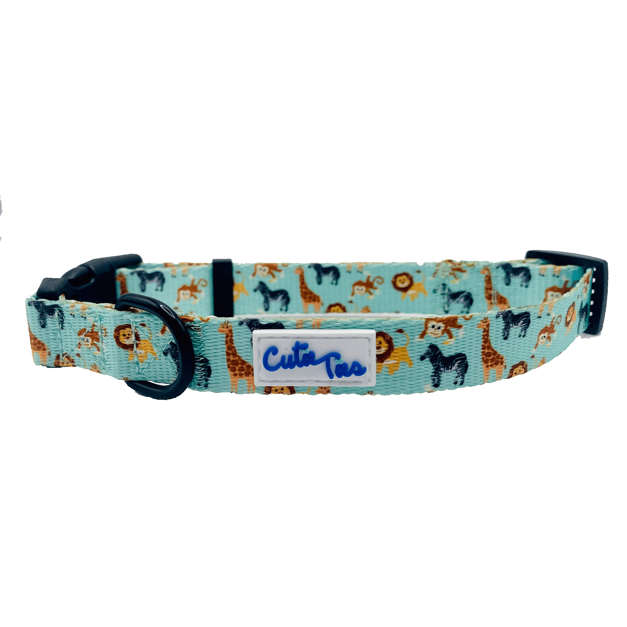 Light blue fabric dog collar with dark blue D-ring and buckle; cute animal print pattern.