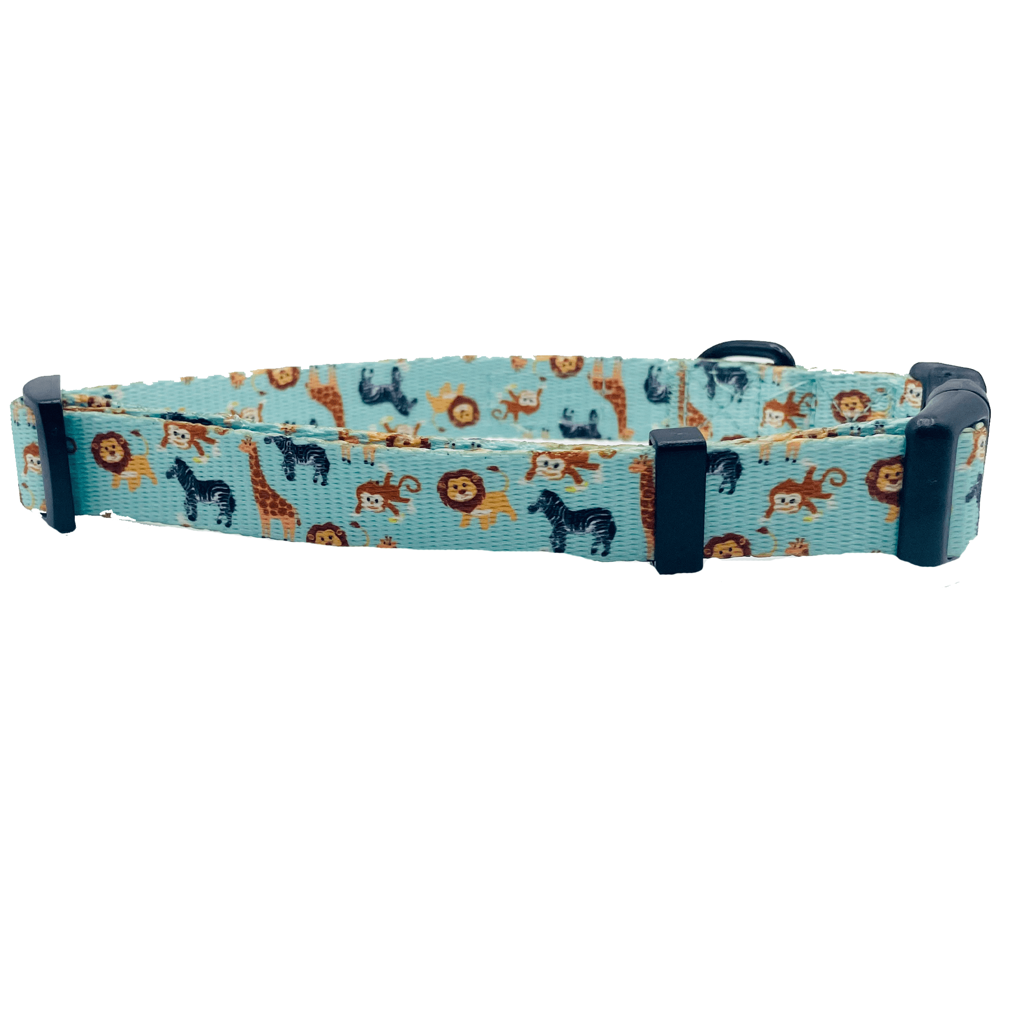Light blue dog collar with scattered animal illustrations and dark blue buckle hardware.