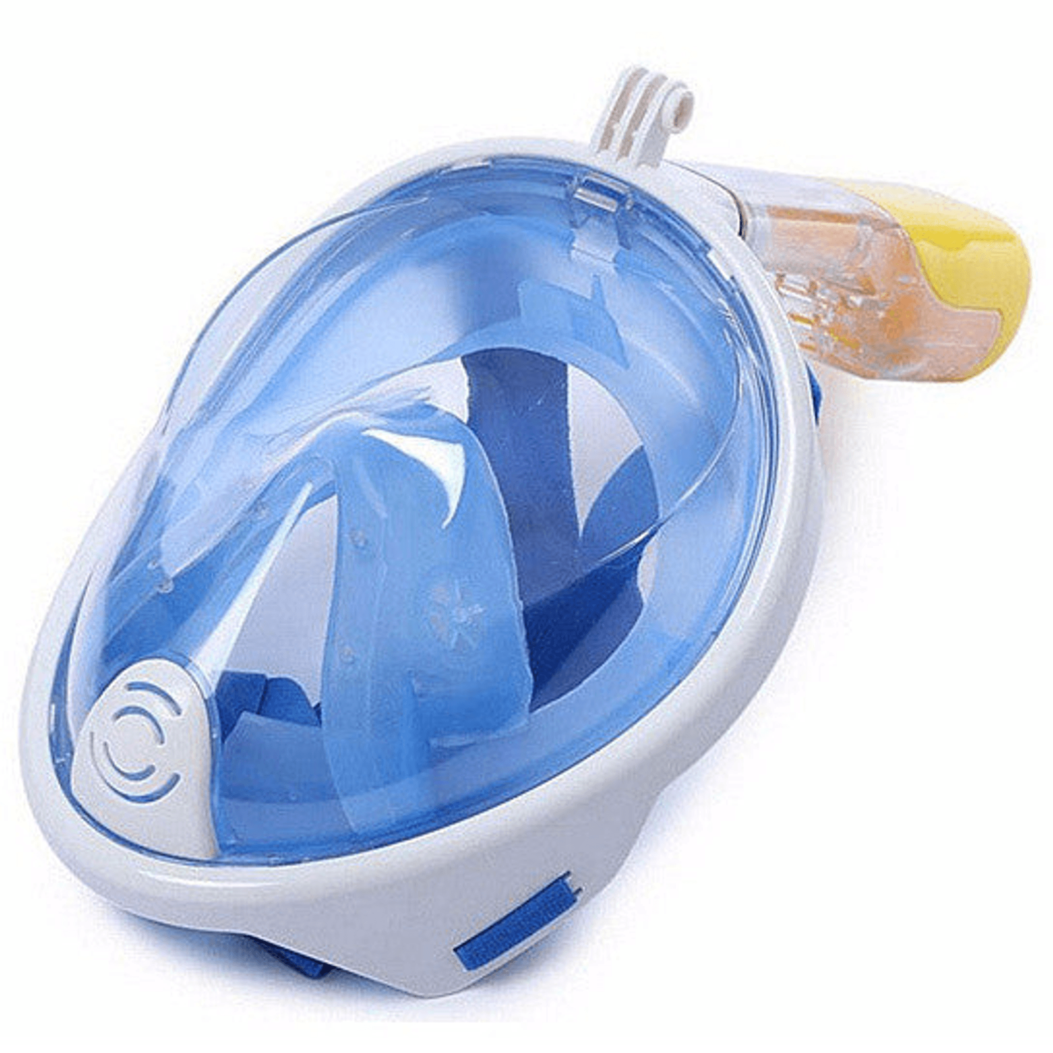 Transparent blue snorkel mask with white frame and snorkel tube