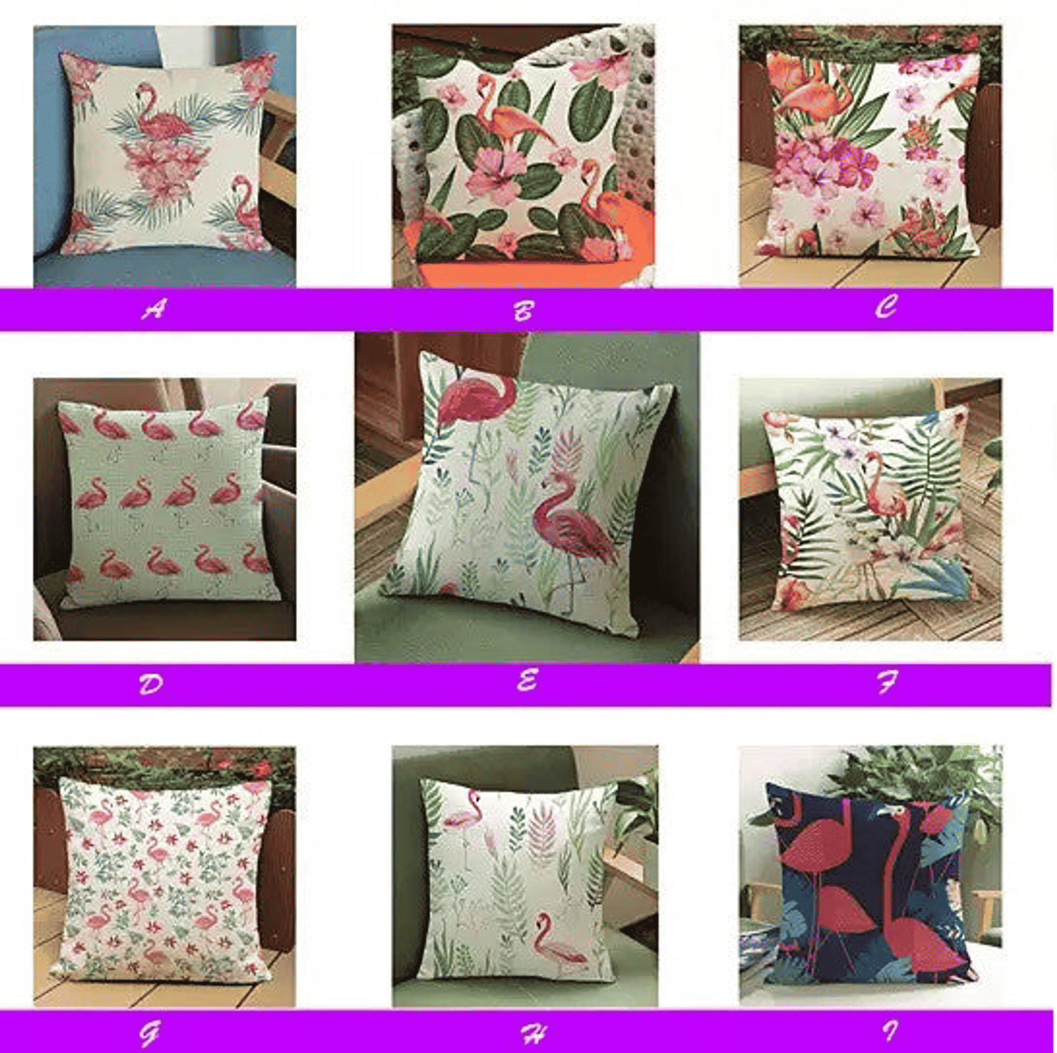 Flamingo cushion cover with pink birds and tropical foliage on a light background