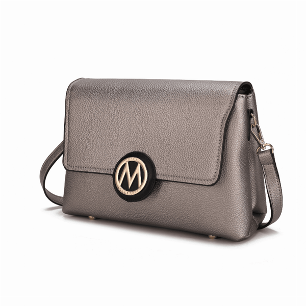 Gray multi-compartment crossbody bag with flap, round logo clasp, and shoulder strap