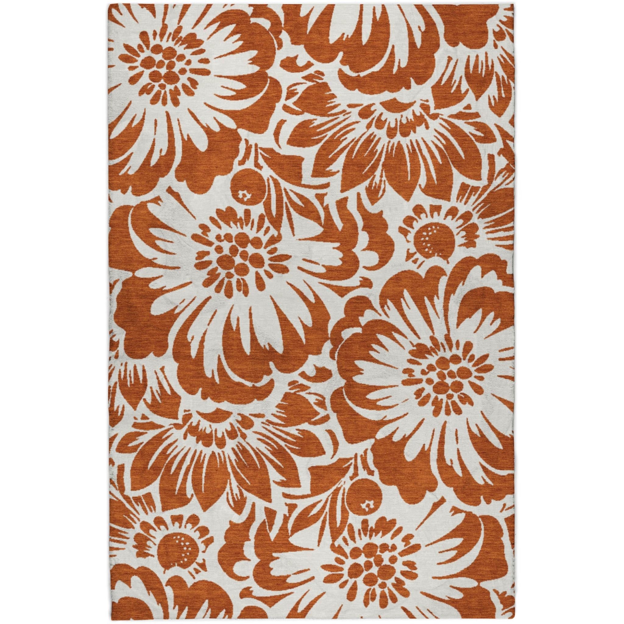 10' X 14' Orange And Ivory Floral Shag Washable Area Rug With UV Protection - Home & Garden