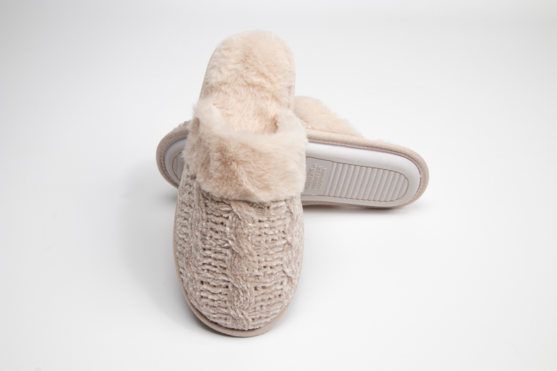 Womens beige knit clog slippers with faux fur cuff and slip-on sole