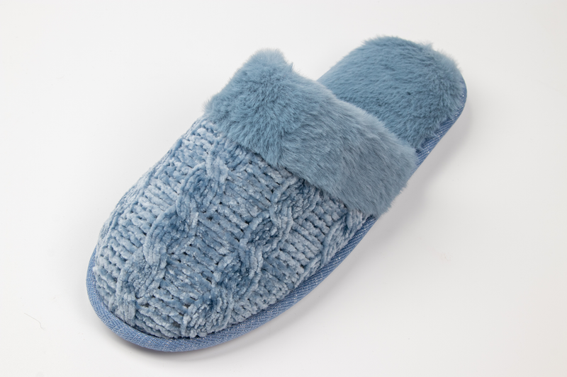 Womens blue knit clog slippers with cable knit texture and faux fur trim
