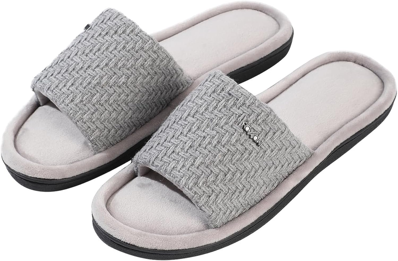 Women's gray woven slide sandals, open toe, cushioned insole, slip-on design
