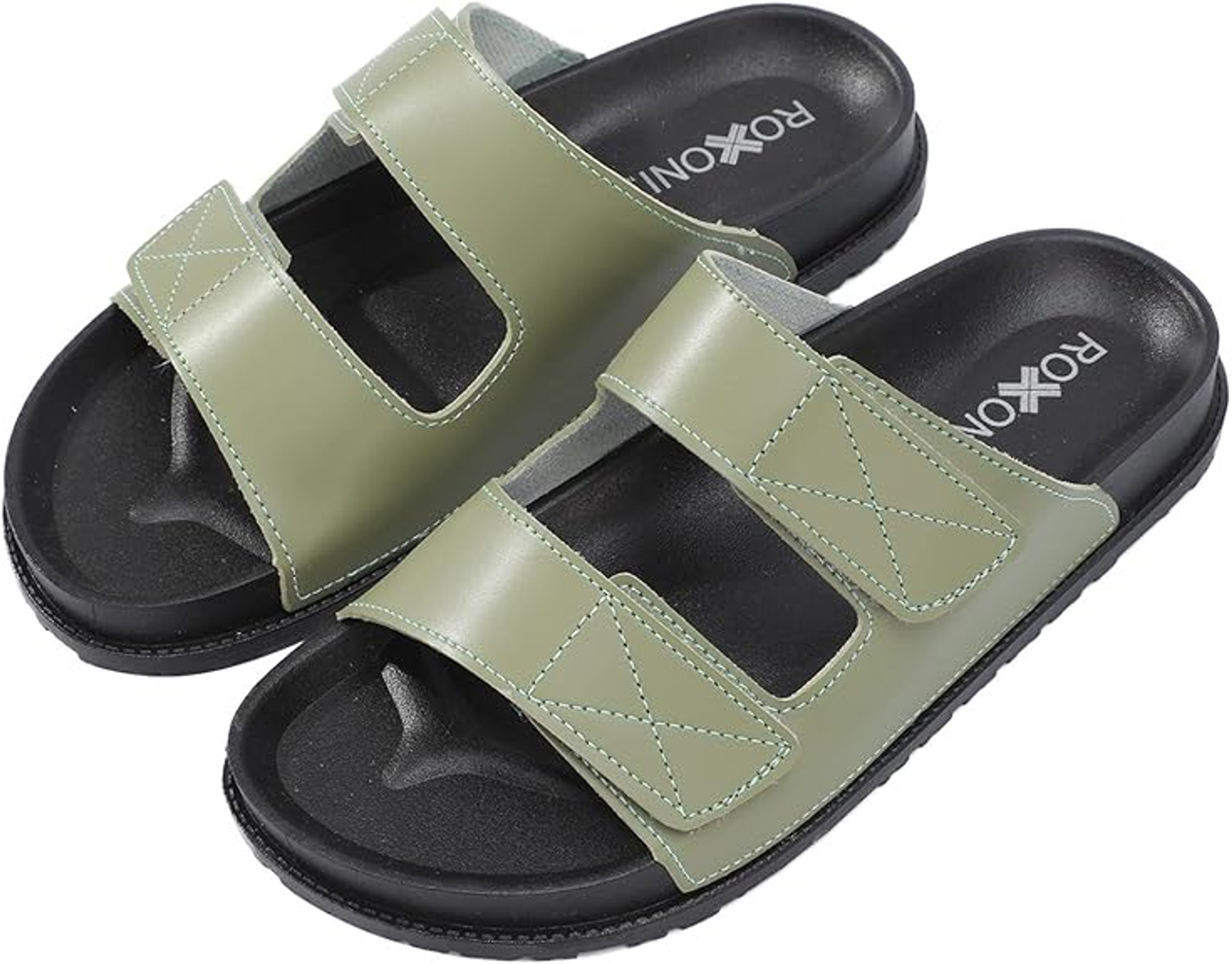 Women’s cushioned two-strap open-toe slide sandals in pale olive green with stitched V-panel detail