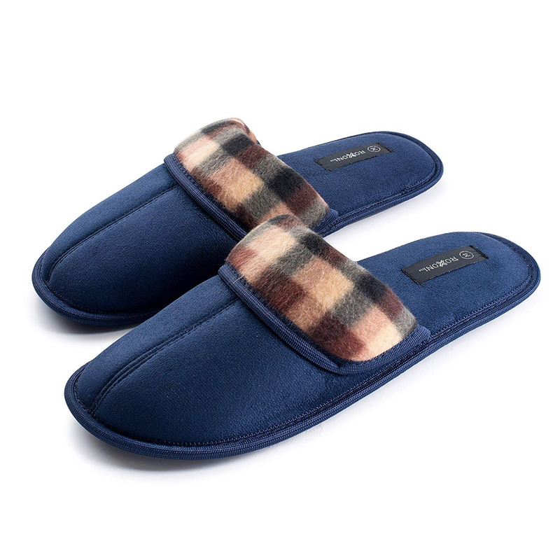 Men's suede scuff house slippers in navy with plaid cuff and slip-on design