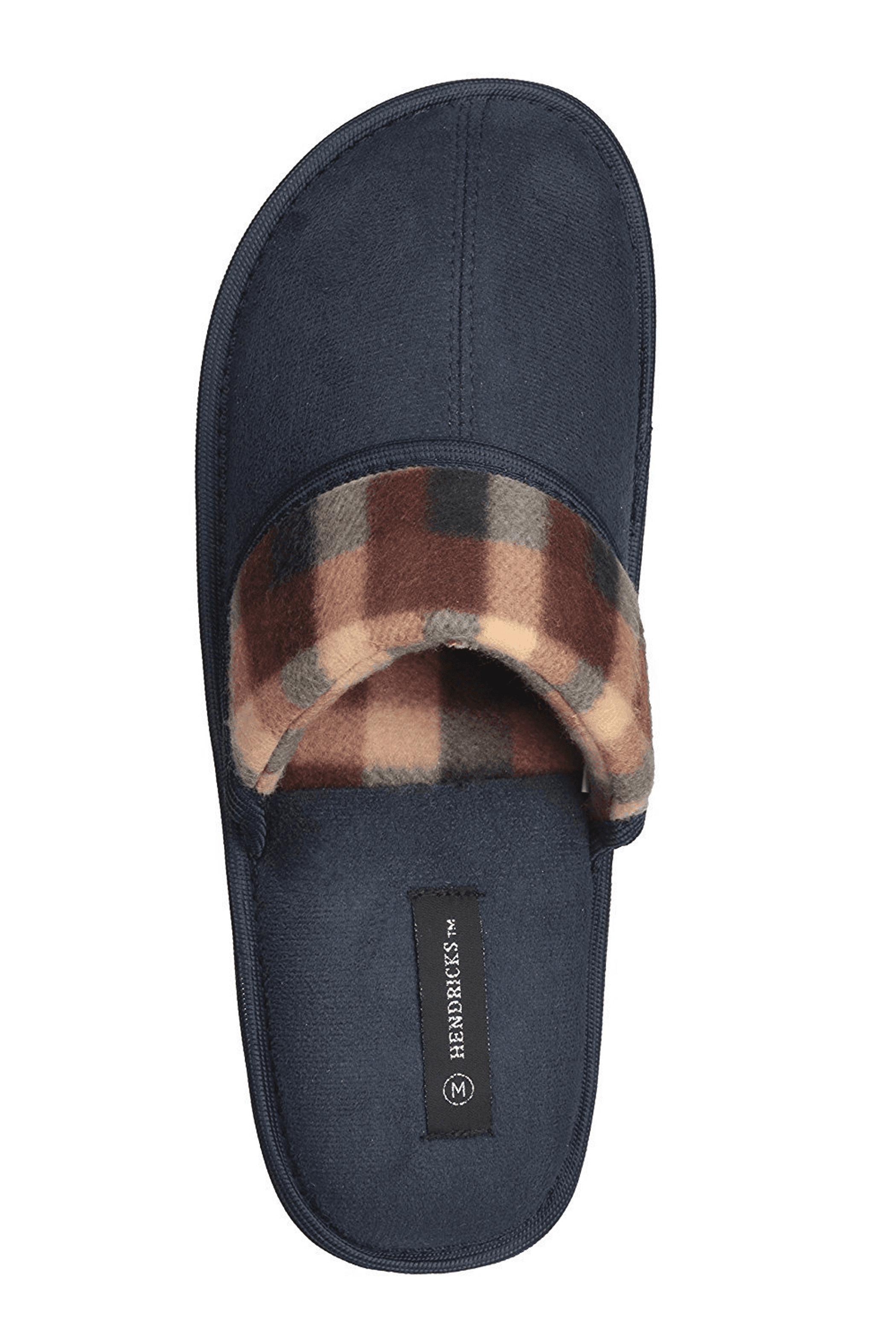 Navy suede scuff slipper with plaid cushioned collar