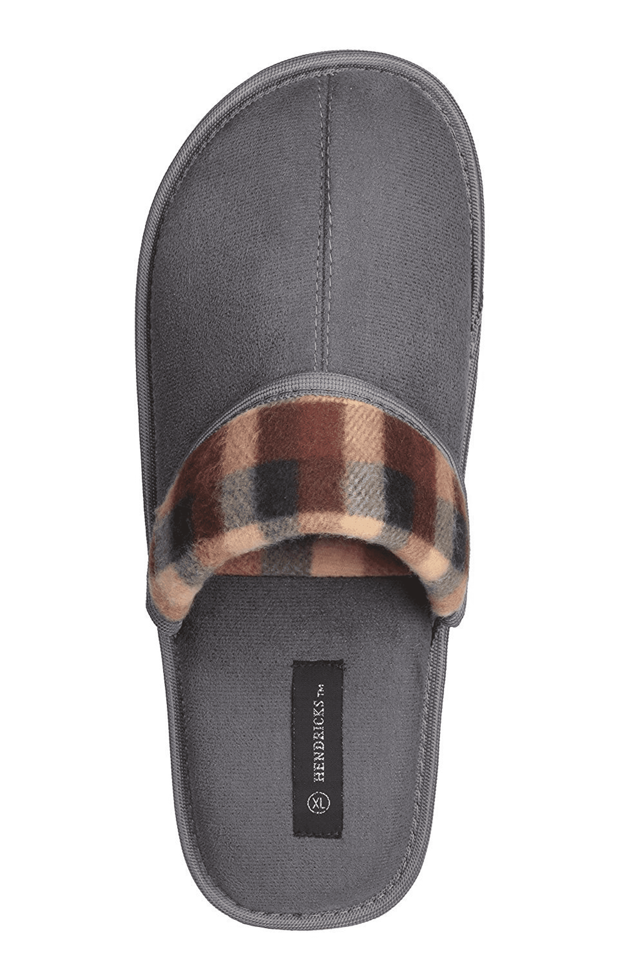 Gray suede scuff slipper with plaid cuff and cushioned inner footbed