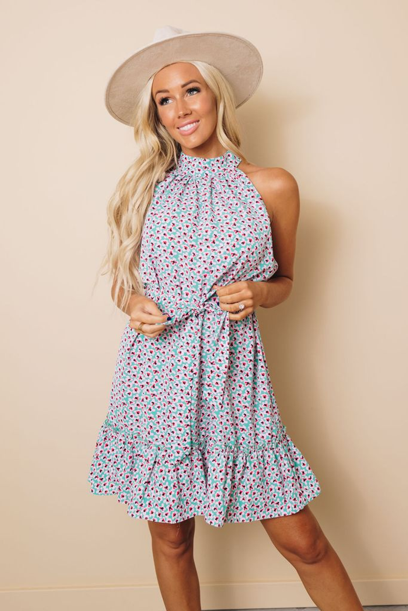 Floral tank dress light blue with pink print, sleeveless mock neck, tiered skirt