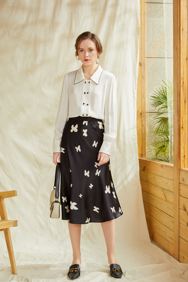 White silk button-up shirt with contrast collar, front buttons, long sleeves