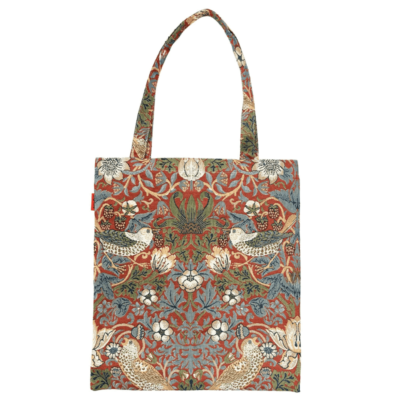 Red flat tote bag with birds and floral Strawberry Thief pattern, two top handles