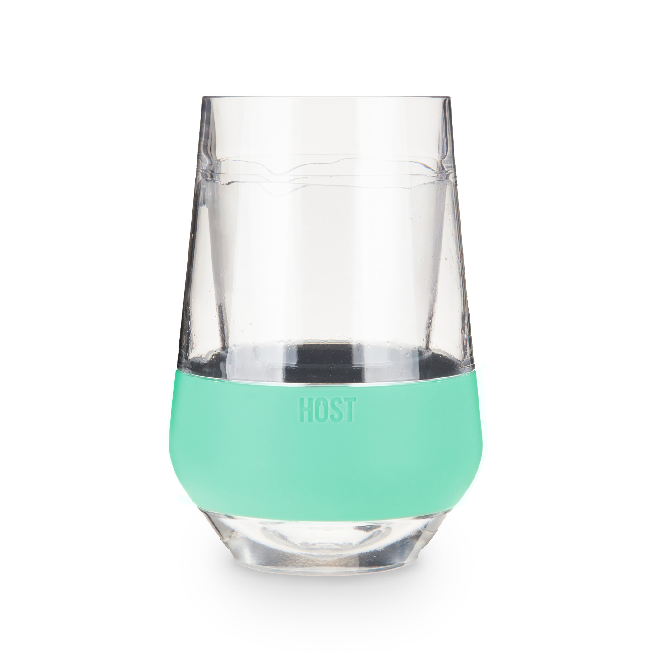 Wine cooling cup, clear plastic with mint base band, HOST logo.