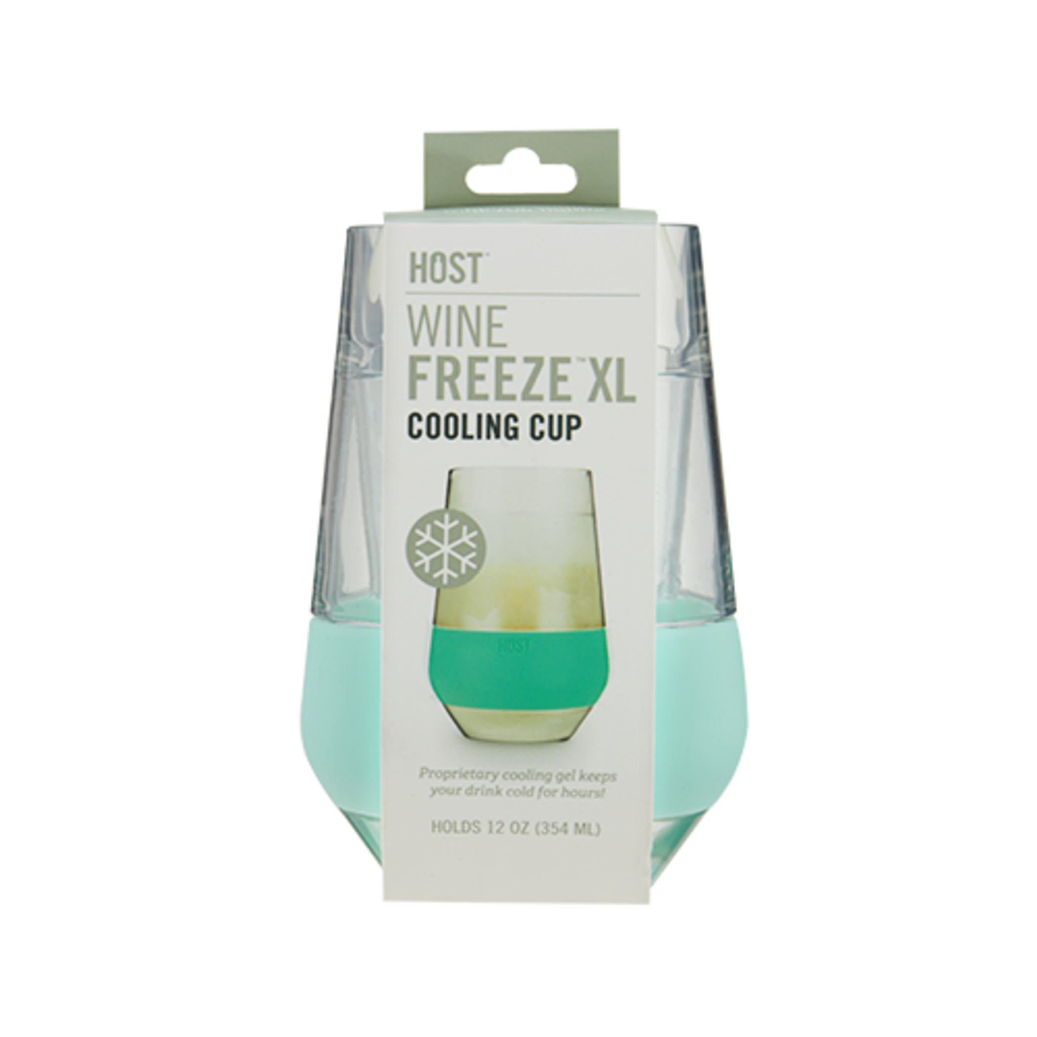 Wine freeze XL cooling cup retail box, HOST logo with clear cup and mint band shown.