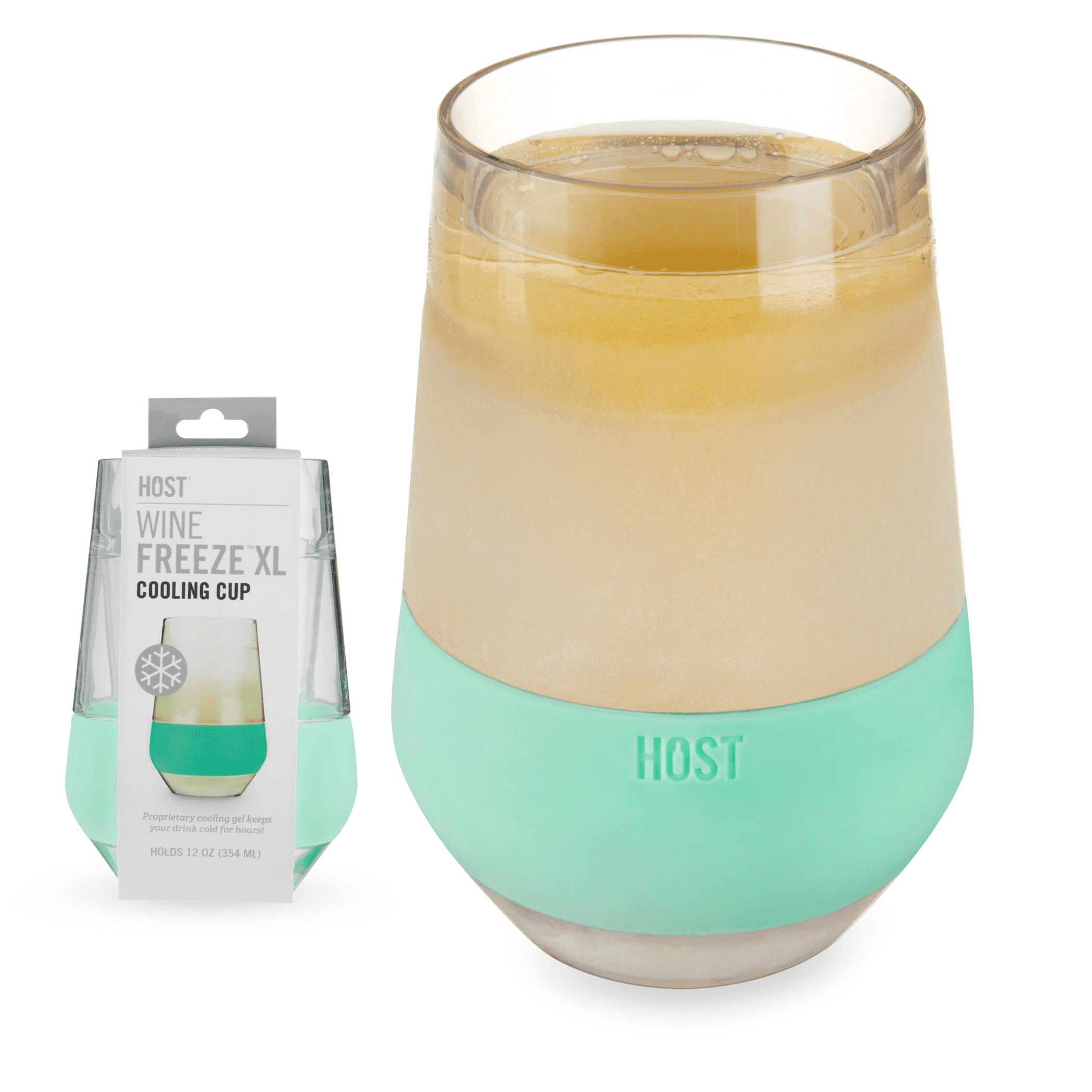 Wine cooling cup with retail box, clear body and mint band, HOST logo.