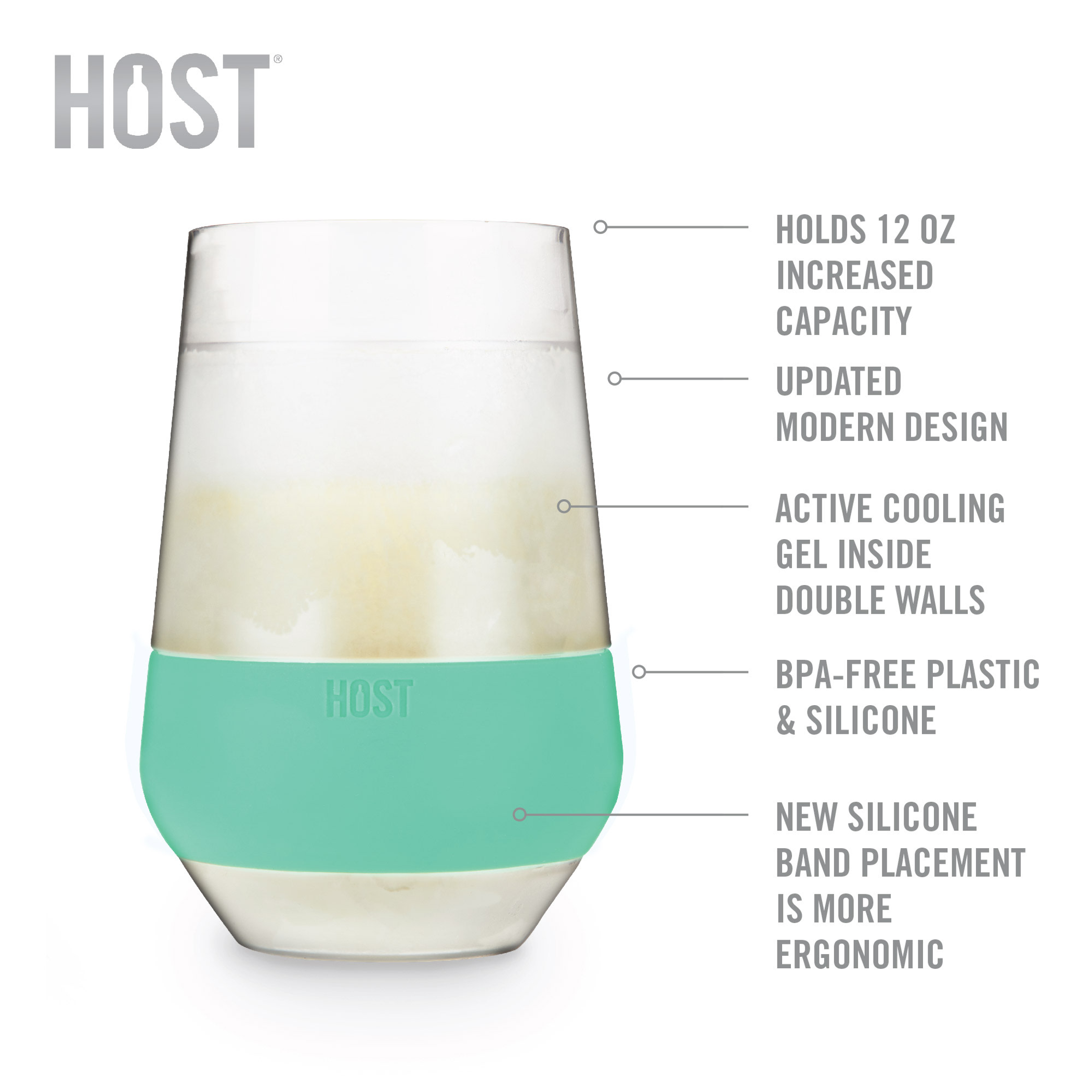 Wine cooling cup with mint band, clear body showing pale chilled liquid, HOST logo.
